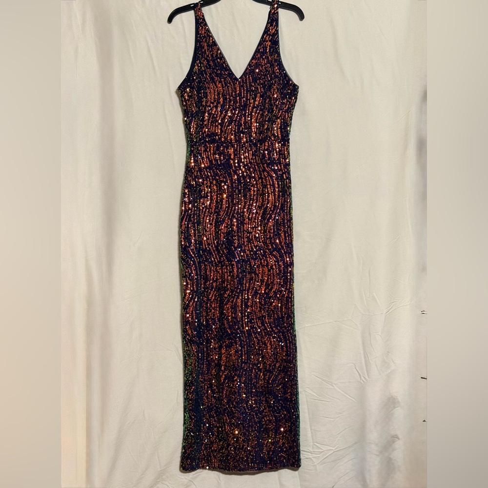 NWT Night Way Navy Sequined V-Neck Maxi Gown Size 10